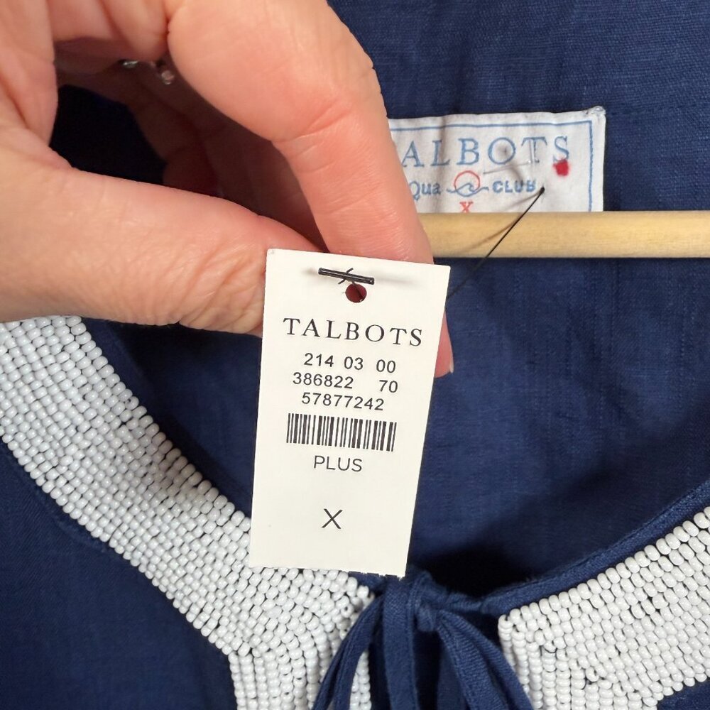 Talbots Aqua Club Beaded Linen Blend Tunic Top Size X Blue Caftan Cover Up - Picture 4 of 11